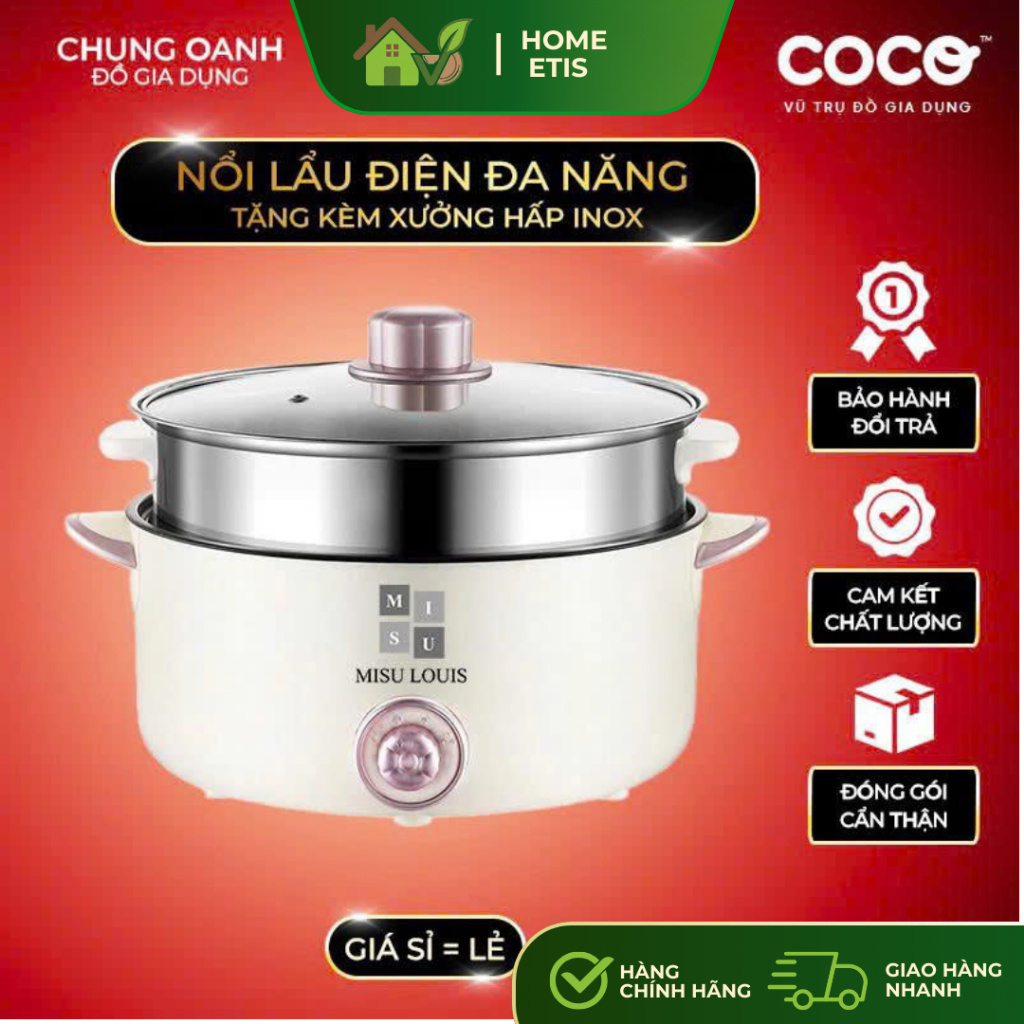 Nồi Lẩu Điện Đa Năng 4L Cao Cấp – Nồi Lẩu Điện Chống Dính Kèm Xửng Hấp Inox, Nấu Lẩu, Hấp, Chiên Xào Tiện Lợi