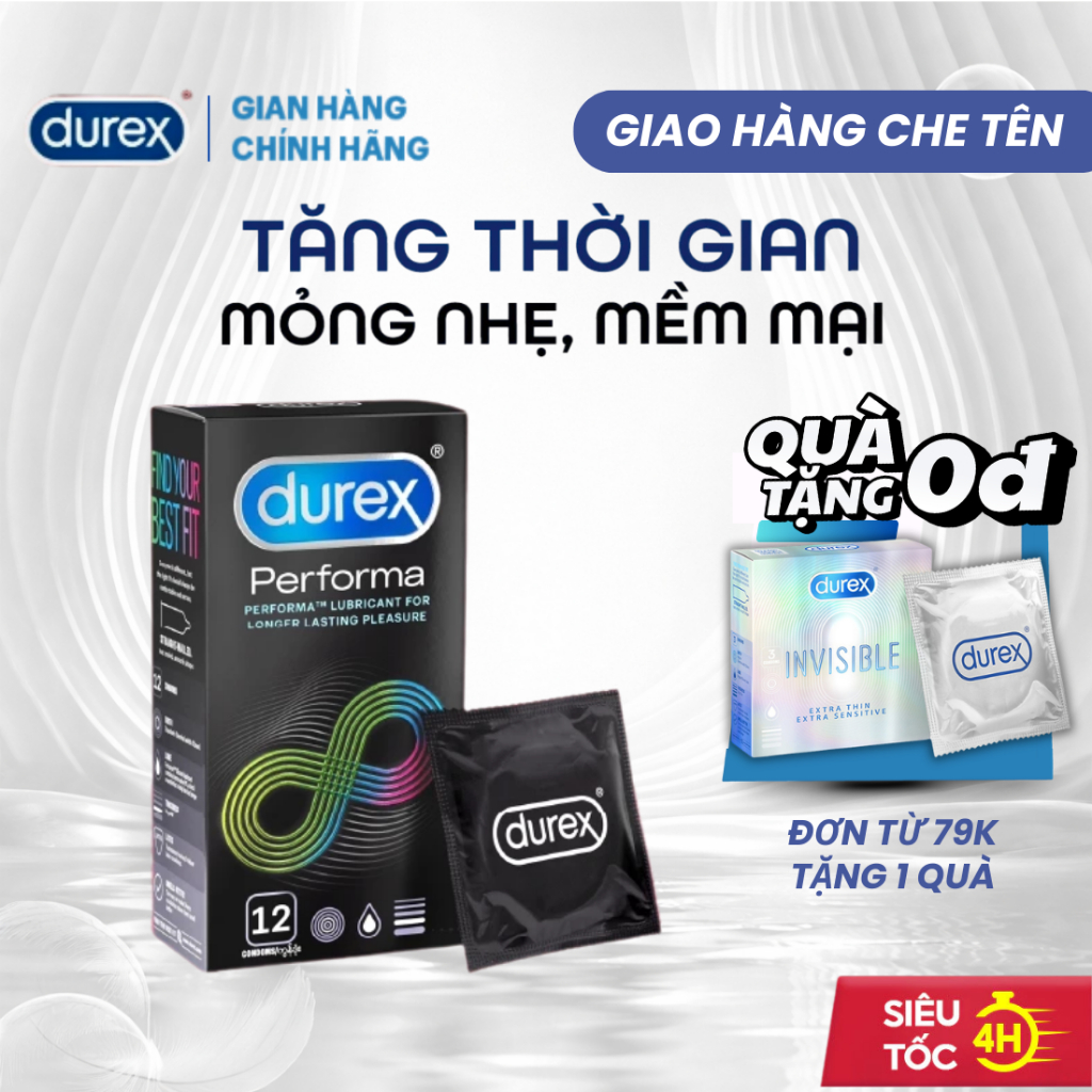 Bao Cao Su Durex Perfoma Kéo Dài Thời Gian Siêu Mỏng Nhiều Gel, Chính Hãng - Hộp 12Bcs