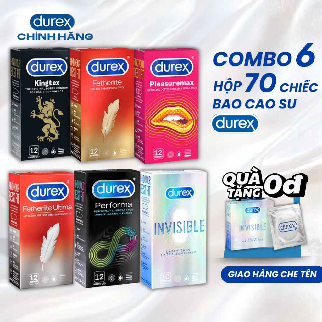 Combo 6 Hộp 70 Chiếc Bao Cao Su Durex Siêu Mỏng, Nhiều Gel, Gân Gai Kéo Dài Thời Gian Nhiều Gel Hàng Chính Hãng