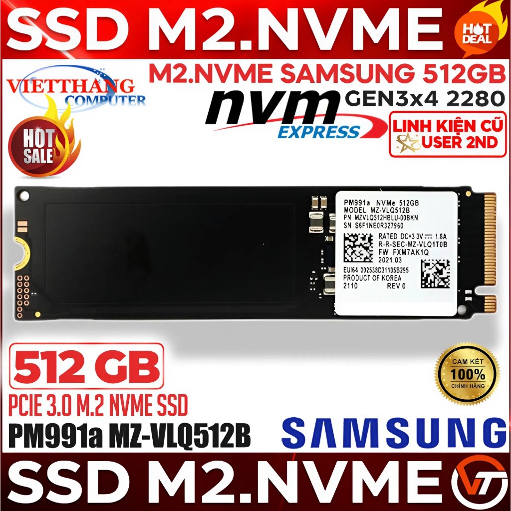 Ổ cứng SSD Samsung M2.Nvme PM991a 512GB Gen3x4 2280 siêu bền zin chuẩn xịn đẹp Good 9x% ( Cũ - 2nd )