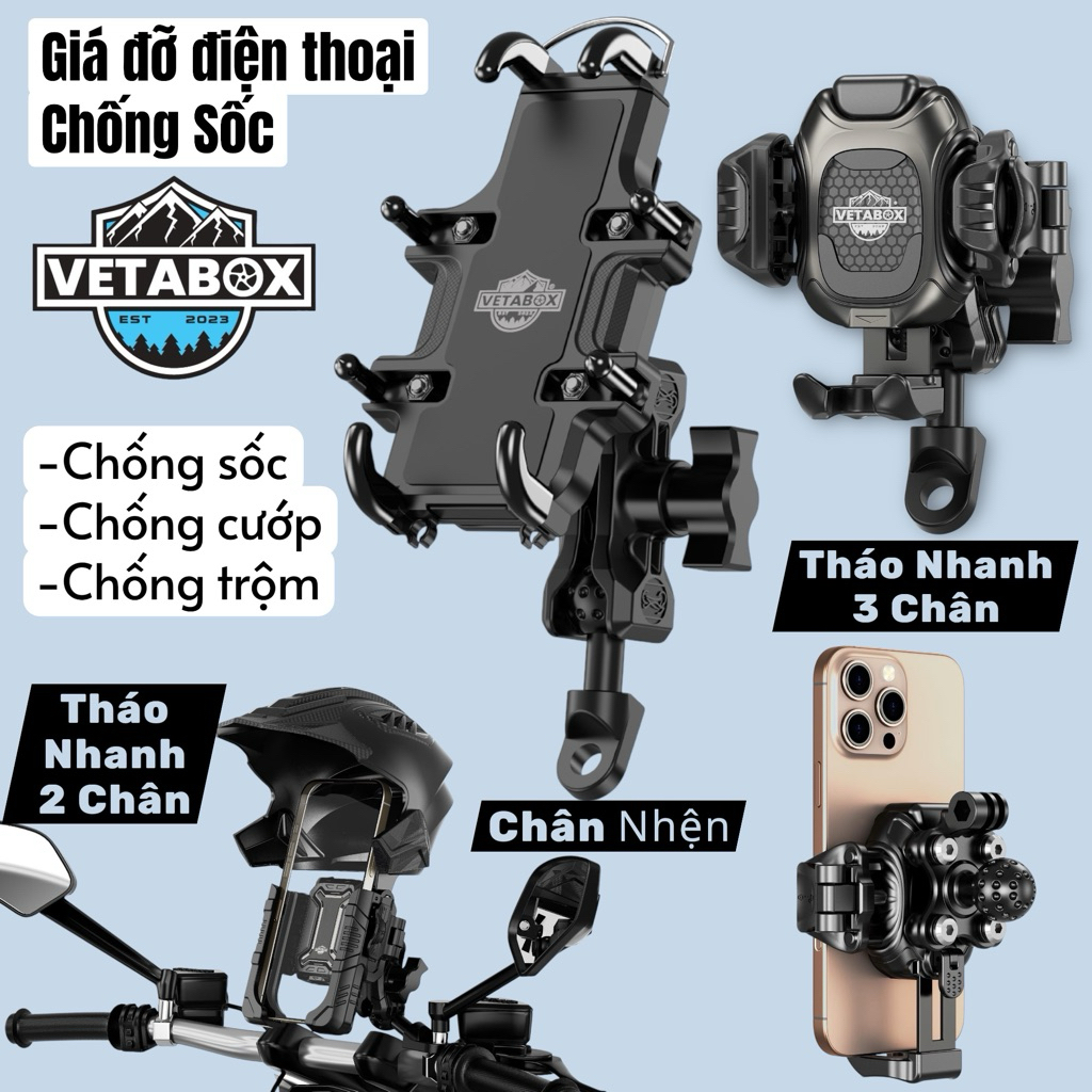 Giá đỡ Điện Thoại Chống Rung Vetabox - Chân Nhôm - Khớp giữa Nhôm - Chính Hãng BH6TH