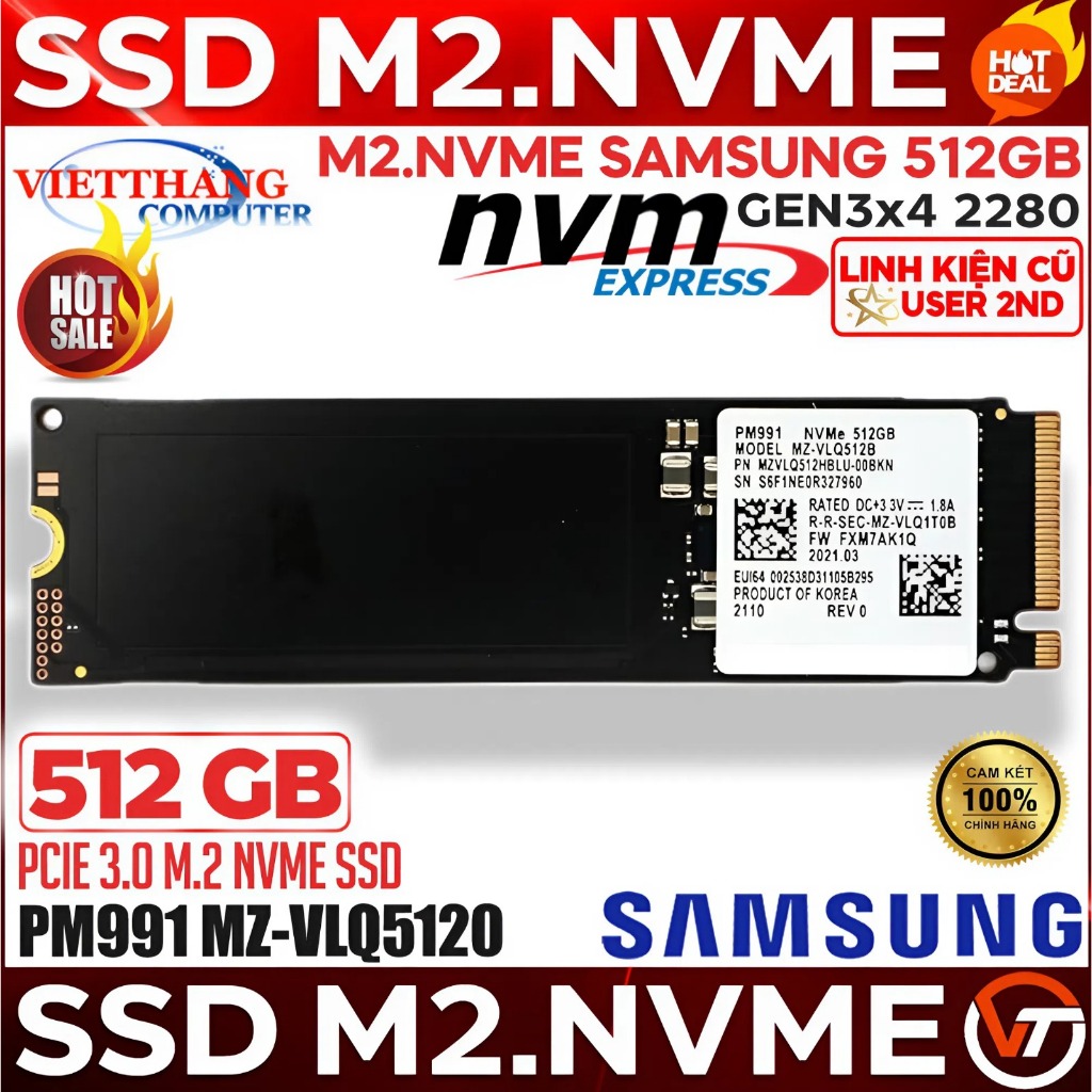 Ổ cứng SSD Samsung M2.Nvme PM991 512GB Gen3x4 2280 siêu bền zin chuẩn xịn đẹp Good 9x% ( Cũ - 2nd )