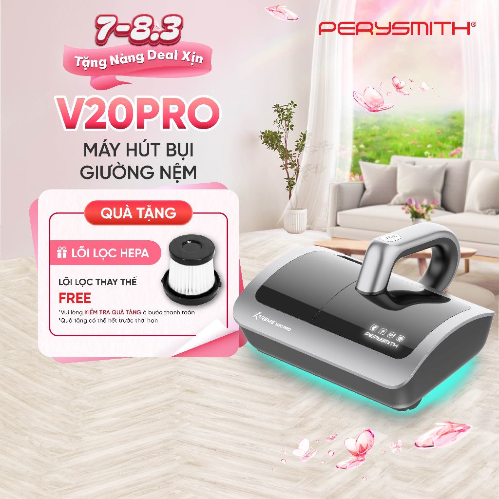 Máy Hút Bụi Giường Nệm PerySmith V20Pro, Không Dây, Gọn Nhẹ, Diệt Khuẩn, Hút Bụi Mịn, Có Đèn UV