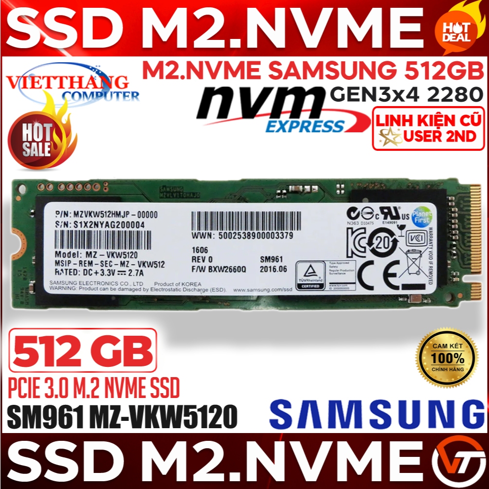 Ổ cứng SSD Samsung M2.Nvme SM961 512GB Gen3x4 2280 Có DRAM siêu bền zin chuẩn xịn Good 86% (Cũ-2nd)
