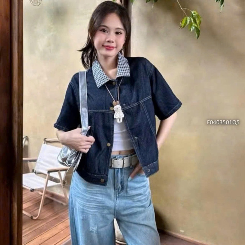 Áo jean kiểu tay ngắn phối cổ bẻ caro TOMBI SHOP