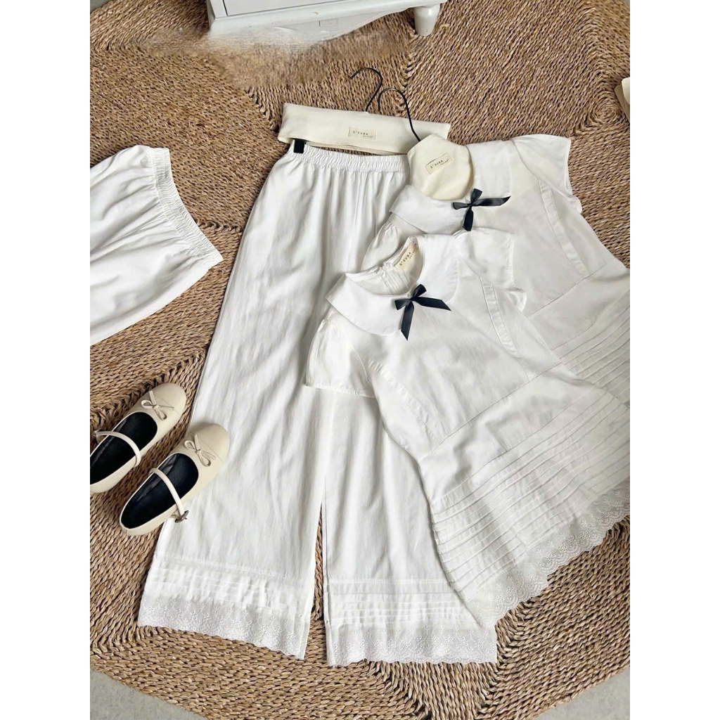 (Hàng Mới): Set Váy Áo Khoá Sau Tay Cộc Cổ Sen Đính Nơ Phối Tầng + Quần Suông Trắng Chất Thô-Ảnh Thật Lollaye | BigBuy360 - bigbuy360.vn