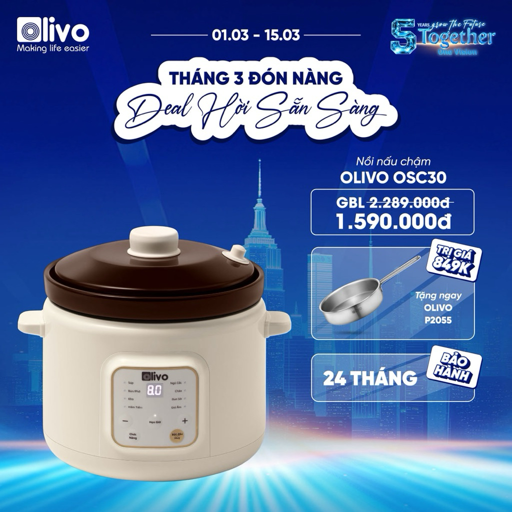 [CHÍNH HÃNG] Nồi Nấu Chậm Dưỡng Sinh OLIVO OSC30 Kho Hầm Đa Năng - Dung Tích 3L - Bảo Hành 24 Tháng