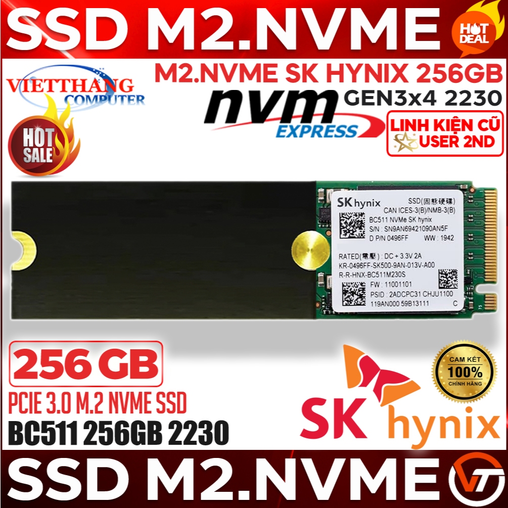 Ổ cứng SSD M2 Nvme SK hynix BC511 256GB Gen3x4 2230 Kèm khay chuyển 2208 lắp Main thường ( Cũ-2nd )