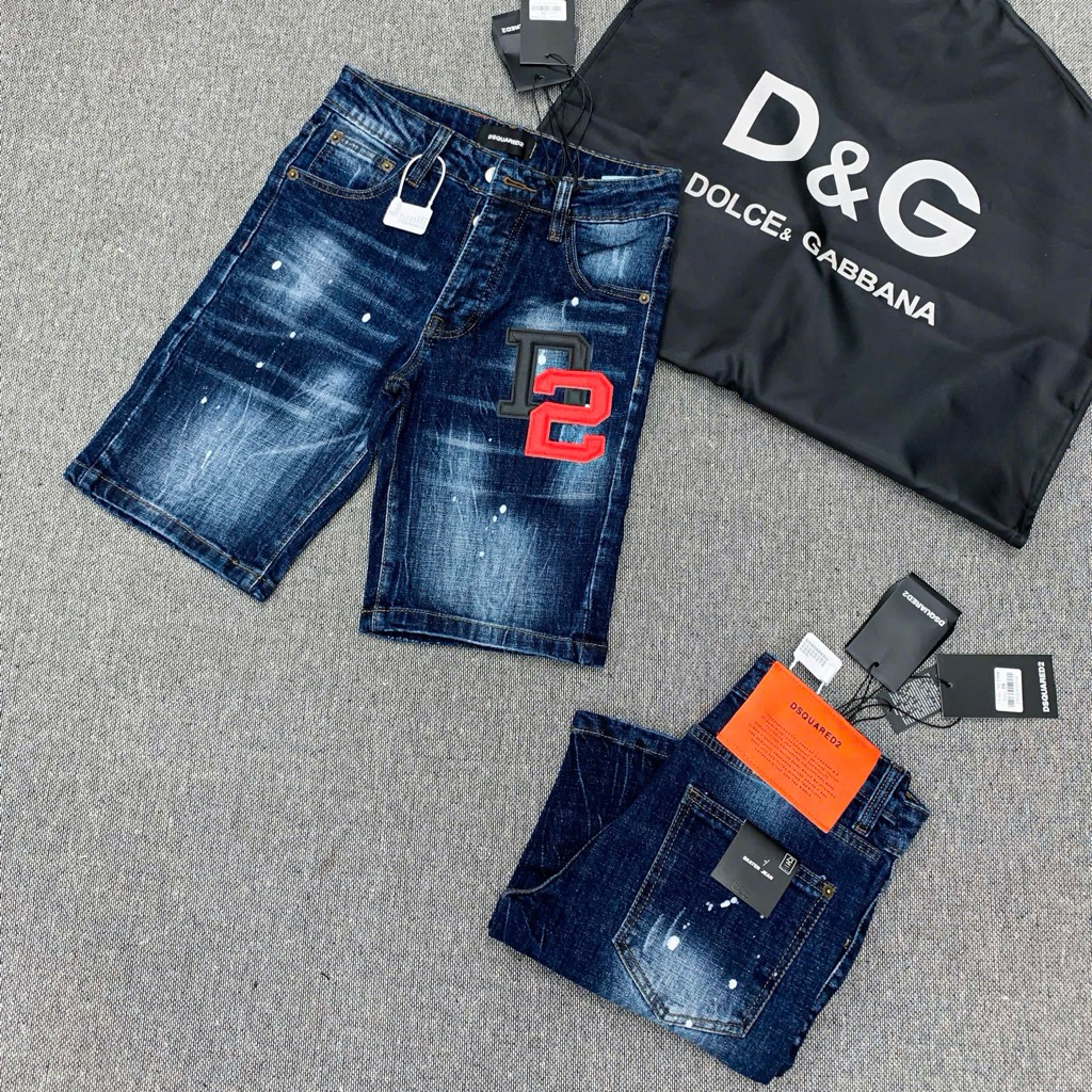 Quần short bò ngố nam PB trơn wash xanh bạc loang nhăn 3D vảy sơn thêu logo D2 da đùi 4 cúc basic Ph