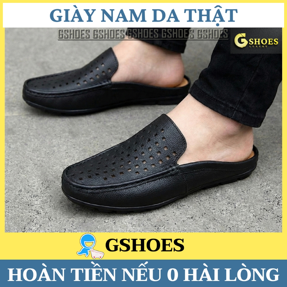 Giày sục nam da thật có lỗ thoáng khí đế cao su êm chân khâu chỉ bảo hành 12 tháng TK0100