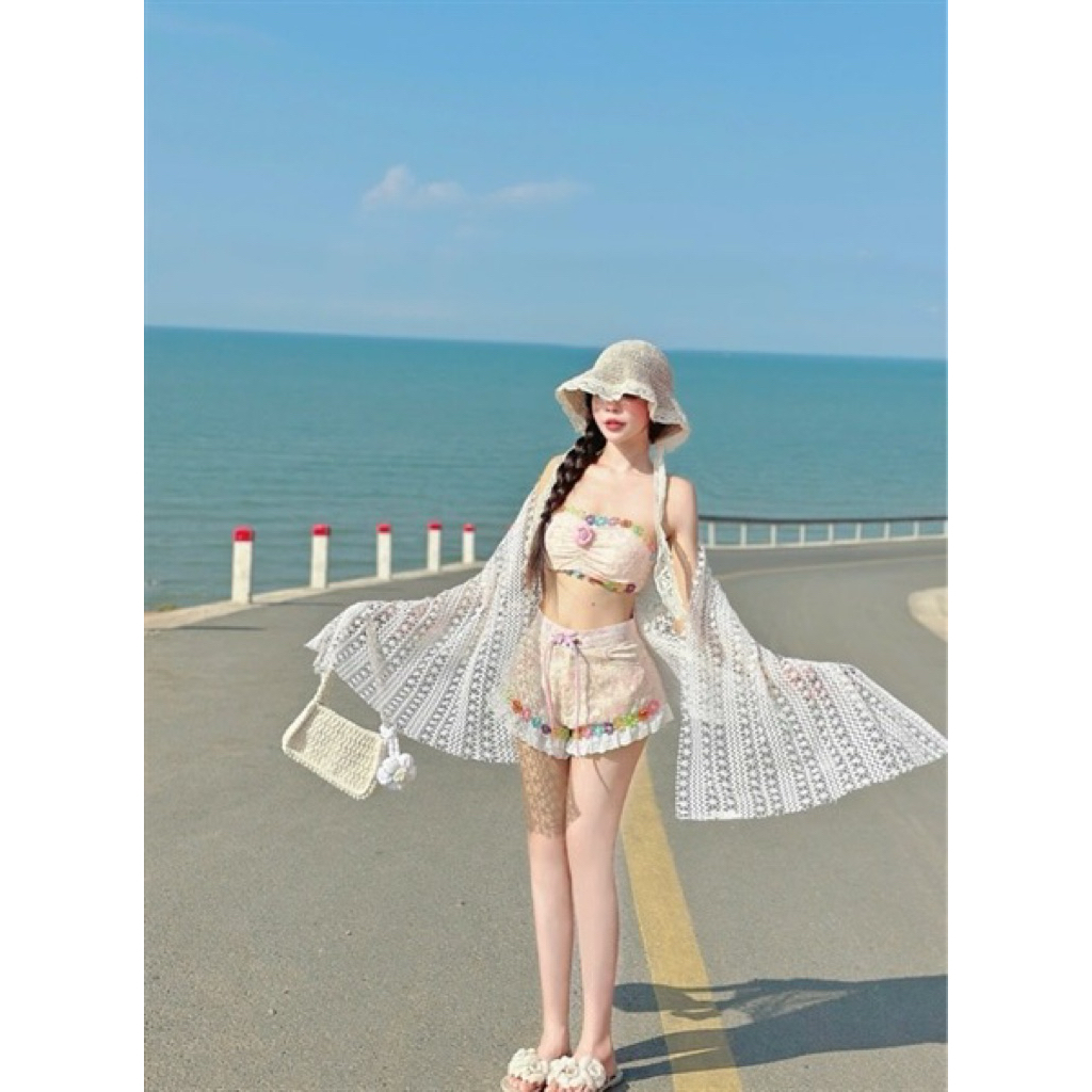 Hion Store - Set 3 món áo cúp croptop đính hoa kèm tag + khăn choàng ren + short