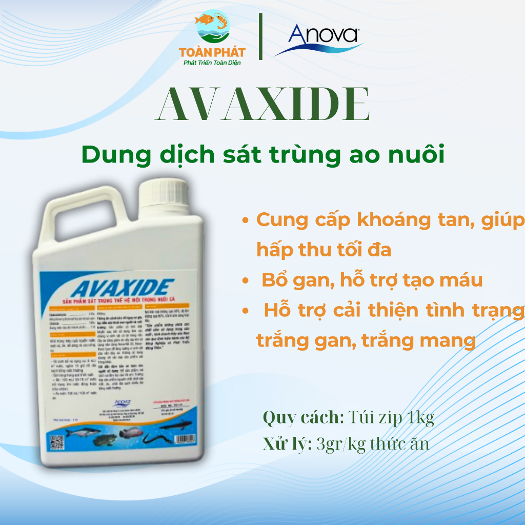 Anova Avaxide - Dung dịch sát trùng cho ao nuôi cá tôm ếch lươn, chai 1lit