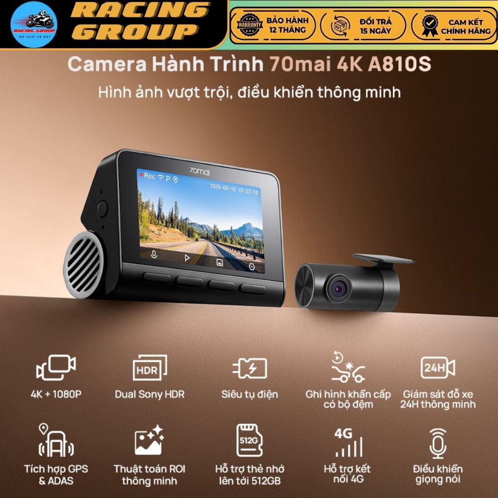 Camera Hành Trình 70mai A810S, Ghi Hình 4K HDR Sắc Nét, Điều Khiển Bằng Giọng Nói Và Giám Sát Đỗ Xe