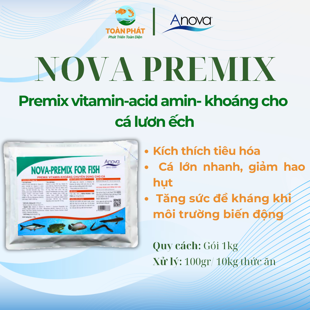 Anova- Nova Premix- Cung cấp vitamin, acid amin và khoáng chất cho cá, kích thích tiêu hóa, tăng sức