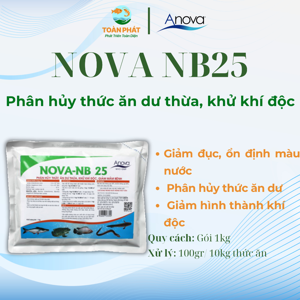 Anova Nova NB25- Phân hủy thức ăn dư thừa, khử khí độc, giảm đục nước ao, ổn định màu nước- Gói 1kg