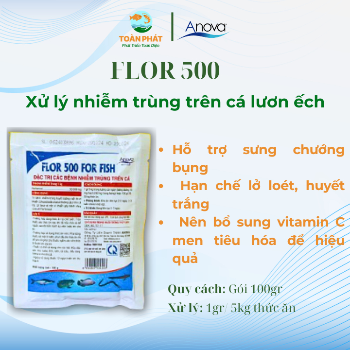 Anova Flor 500 - Xử lí các bệnh nhiễm trùng trên cá, phòng sưng, chướng bụng, gan thận ,mũ, xuất huy