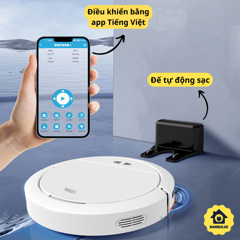 Robot hút bụi lau nhà NK01 lực hút 4000 PA  app tiếng việt có hộp nước tự sạc chống rơi