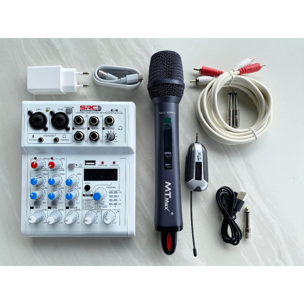 [  Tặng Dây ] Combo Mixer Karaoke E4 + Micro H1 Pin Sạc – bộ combo hát karaoke gia đình cực tiện
