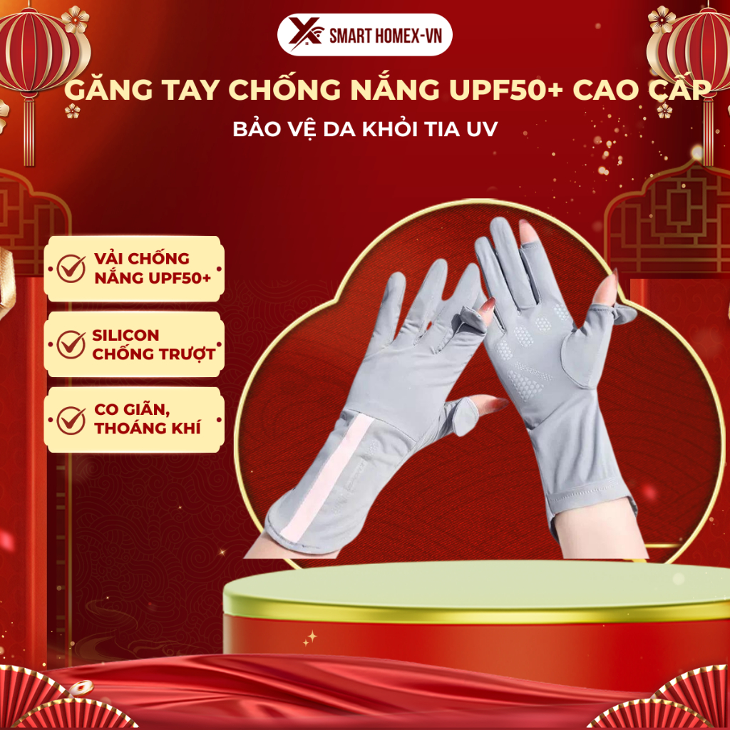 Găng tay chống nắng, chống tia UV chất thun lạnh, thiết kế đệm silicon chống tuột và mở đầu ngón tay tiện lợi