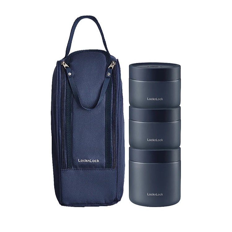 Bộ Hộp Cơm Giữ Nhiệt 3 Ngăn Kèm Túi Thìa Muỗng Pump Vacuum Lunch Box Lock&Lock LHC8052S01