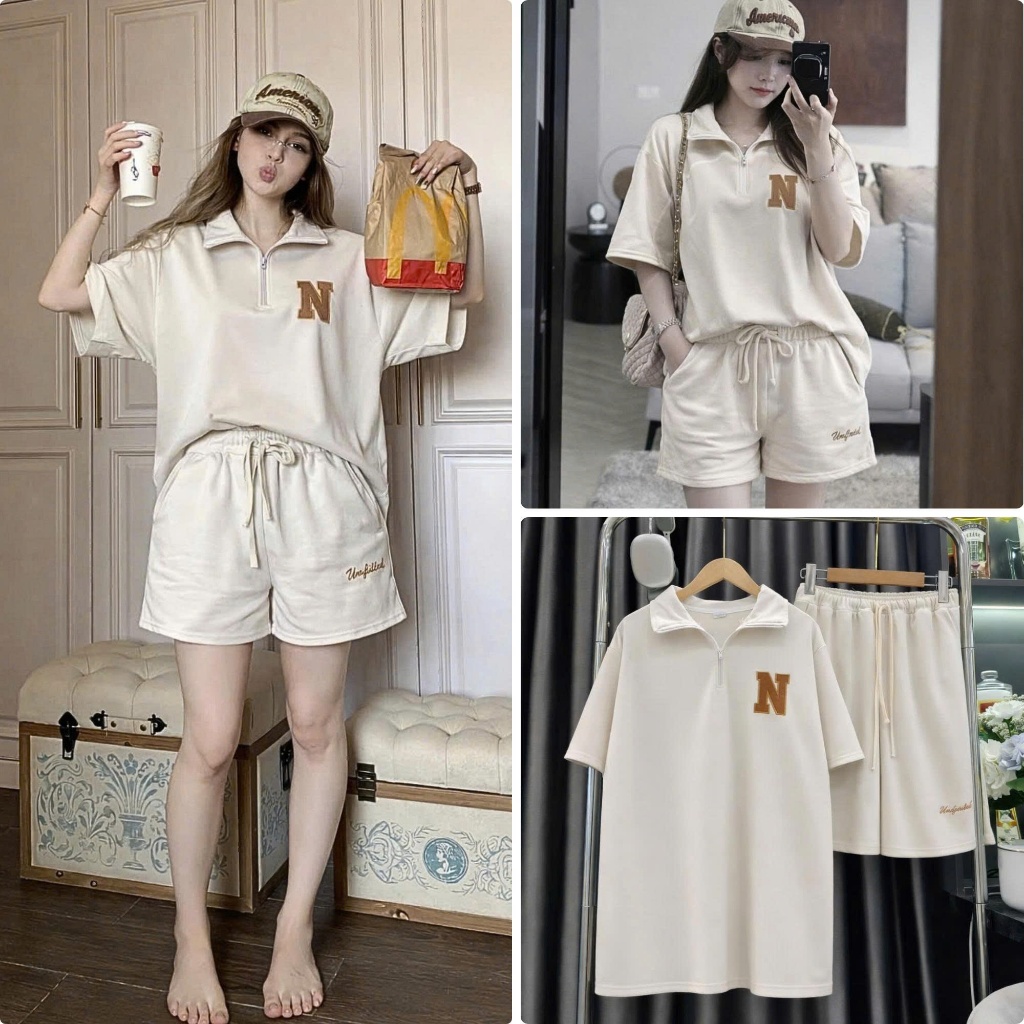 Set đồ nam nữ form rộng unisex, áo polo khóa kéo kèm quần short đùi thêu logo chất liệu cotton tổ ong nhiều màu
