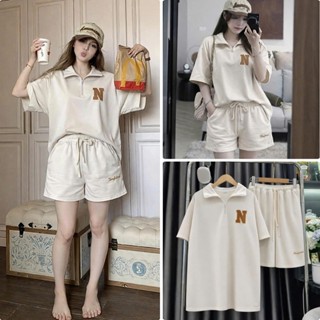Set đồ nam nữ form rộng unisex, áo polo khóa kéo kèm quần short đùi thêu logo chất liệu cotton tổ ong nhiều màu