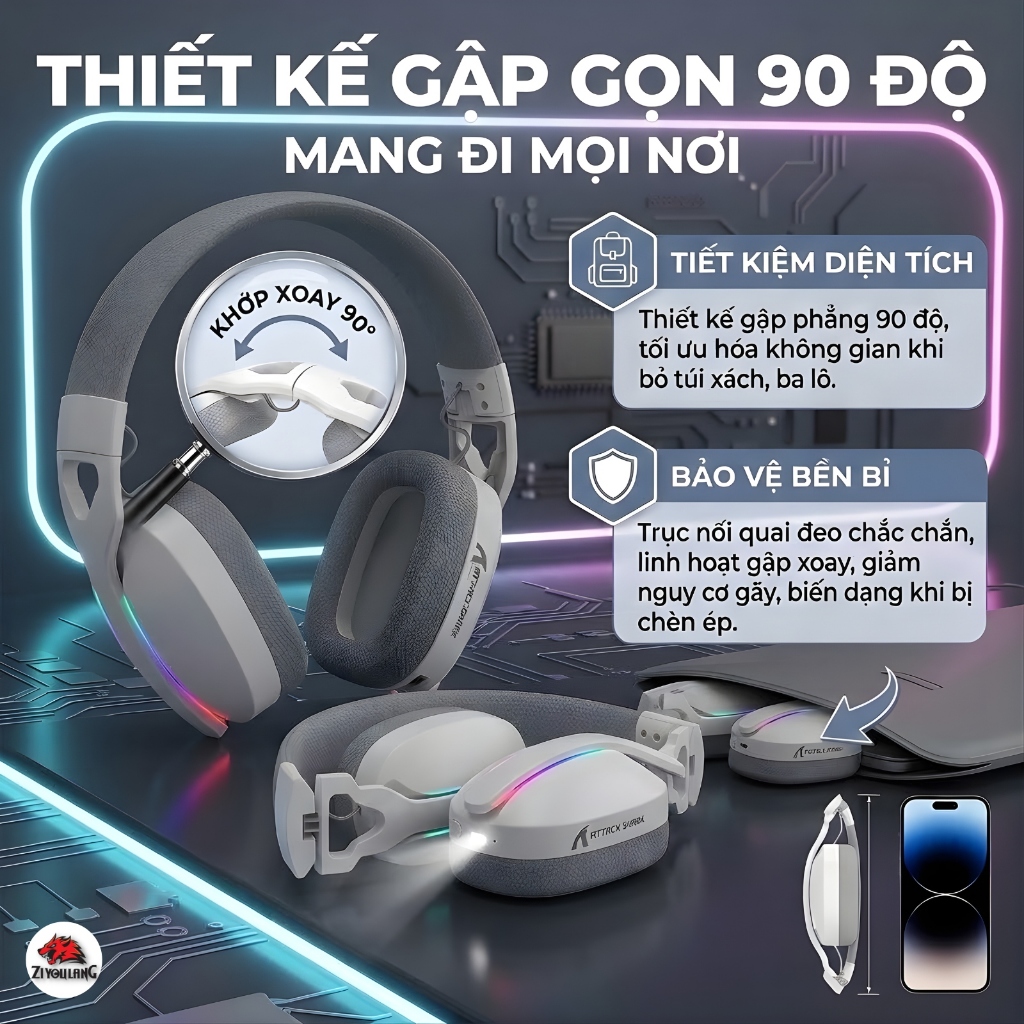 Tai Nghe Không Dây Attack Shark L90 - 3 Mode Kết Nối, Âm Thanh Vòm 7.1, LED RGB, Micro Chống Ồn | BigBuy360 - bigbuy360.vn