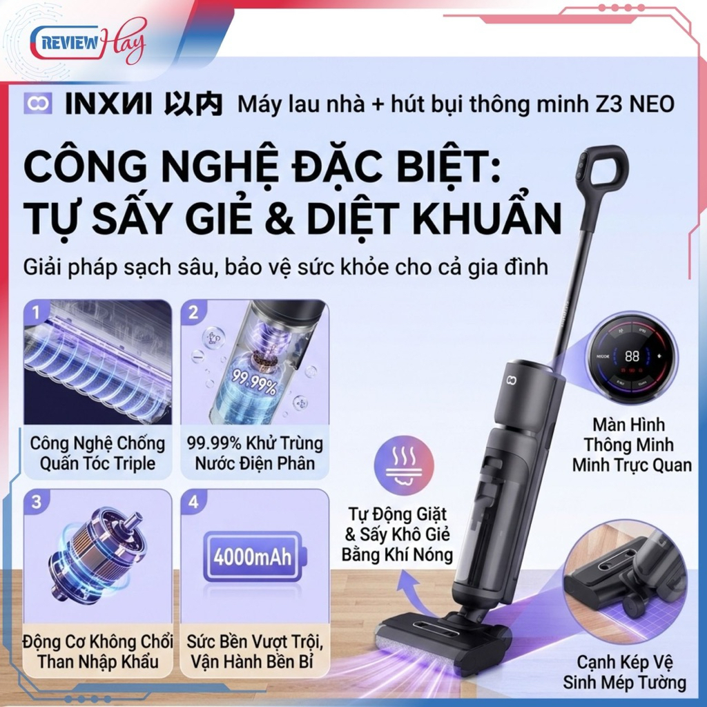 Máy lau nhà & hút bụi thông minh INXNI Z3 NEO tự sấy giẻ & diệt khuẩn