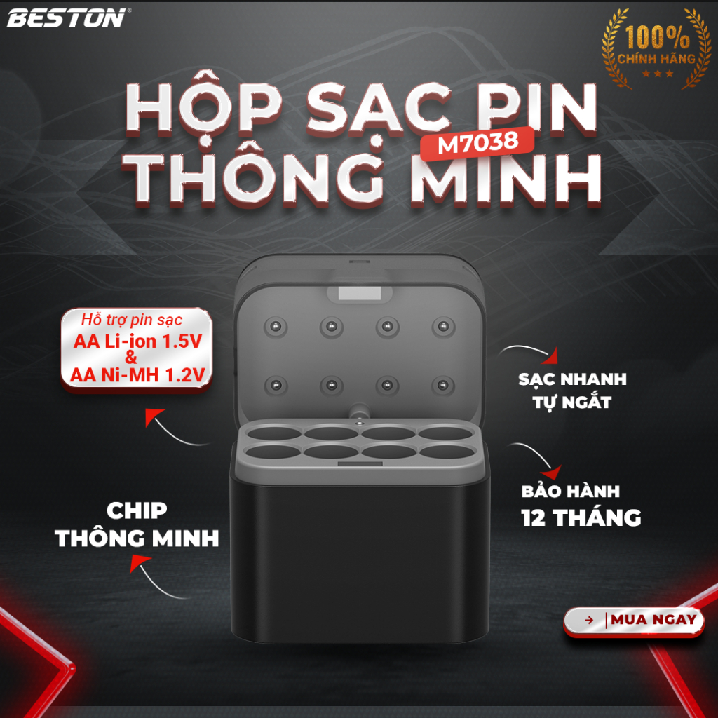 Combo sạc pin Beston M7038 + pin sạc AA Ni-MH và Lithium, cổng sạc type C tiện lợi, có đèn báo sạc, 