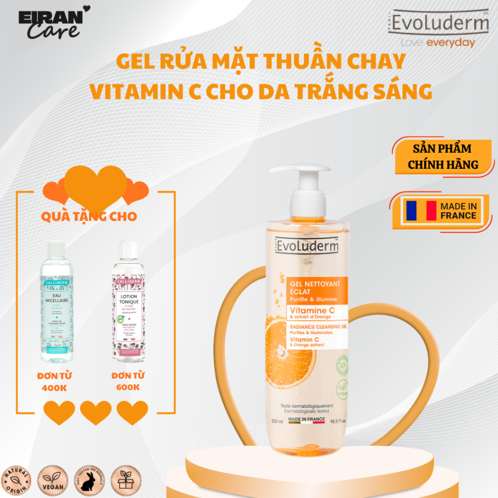 Evoluderm - Gel Rửa Mặt Thuần Chay Vitamin CTrắng Sáng Da. Vitamin  C Radiance Cleansing Gel - Pháp