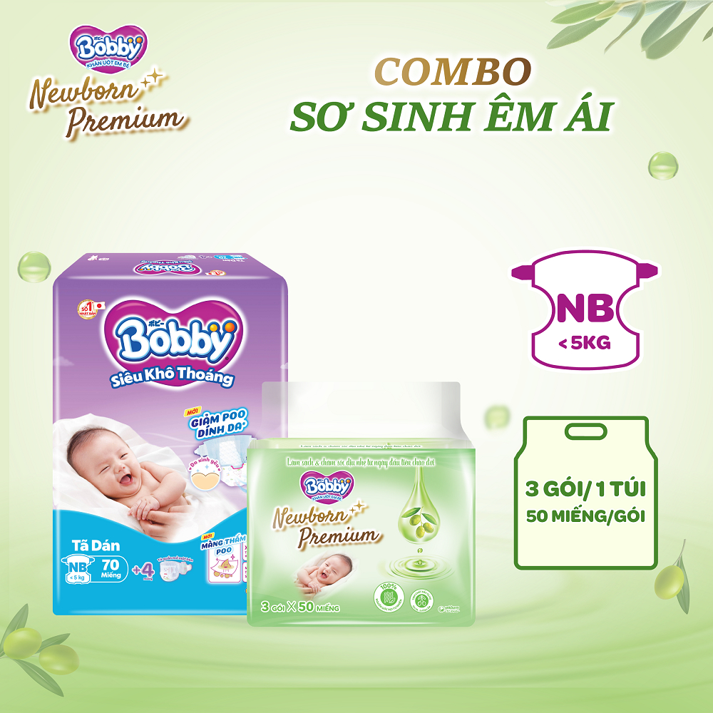 Combo sơ sinh êm ái: Tã dán sơ sinh Bobby NB70 (XS70) & 03 Gói Khăn ướt Bobby Newborn Premium 50 miế