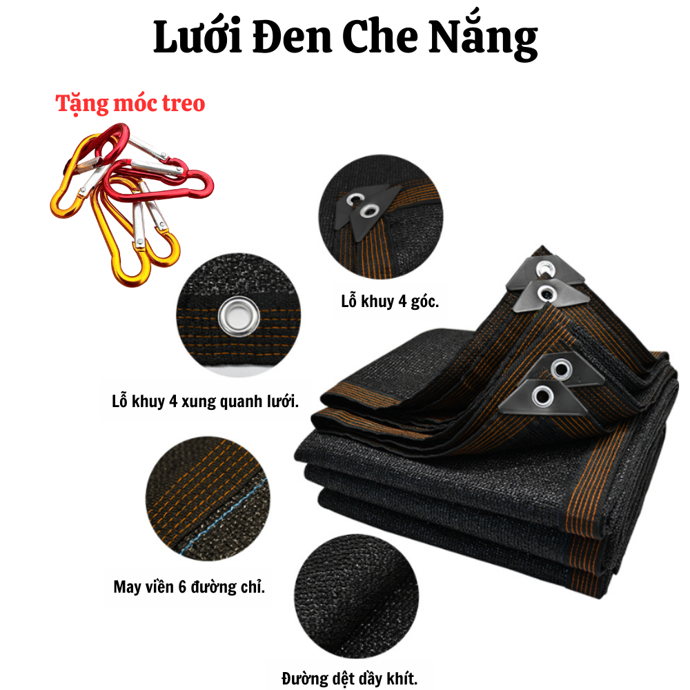 Lưới đen che nắng ngoài trời sân vườn may viền đục Khuyên lỗ 4 xung quanh,Tỷ lệ che nắng 96%.
