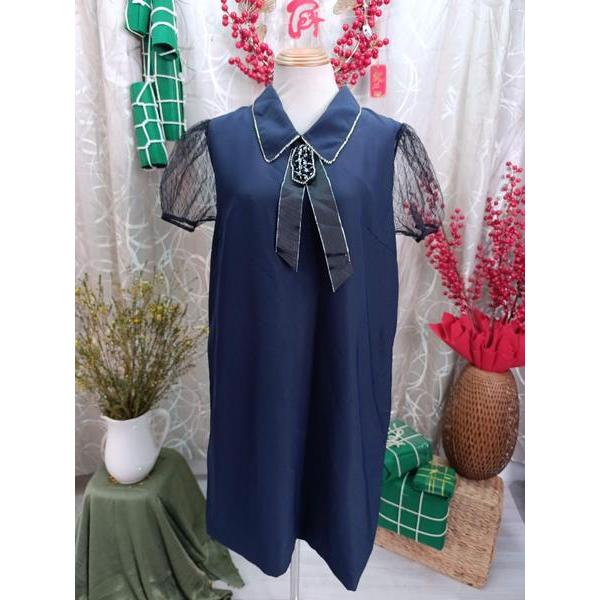 ELISE thanh lý - Đầm cổ bẻ tay bồng phối nơ ren bymo - SIZE XL