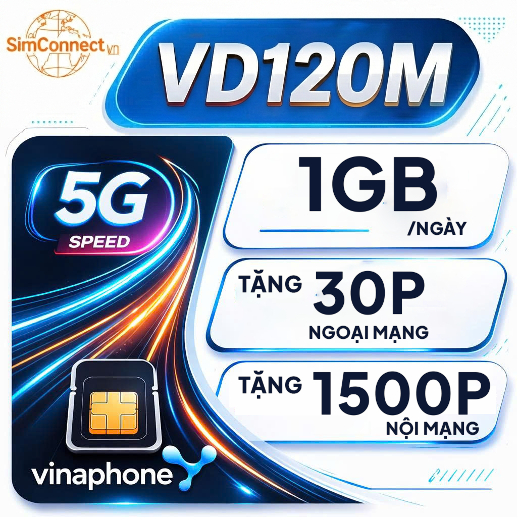 SIM Vina VD120M 4G 5G Data 1GB Ngày 1500 Phút Nội Mạng 30 Phút Ngoại Mạng