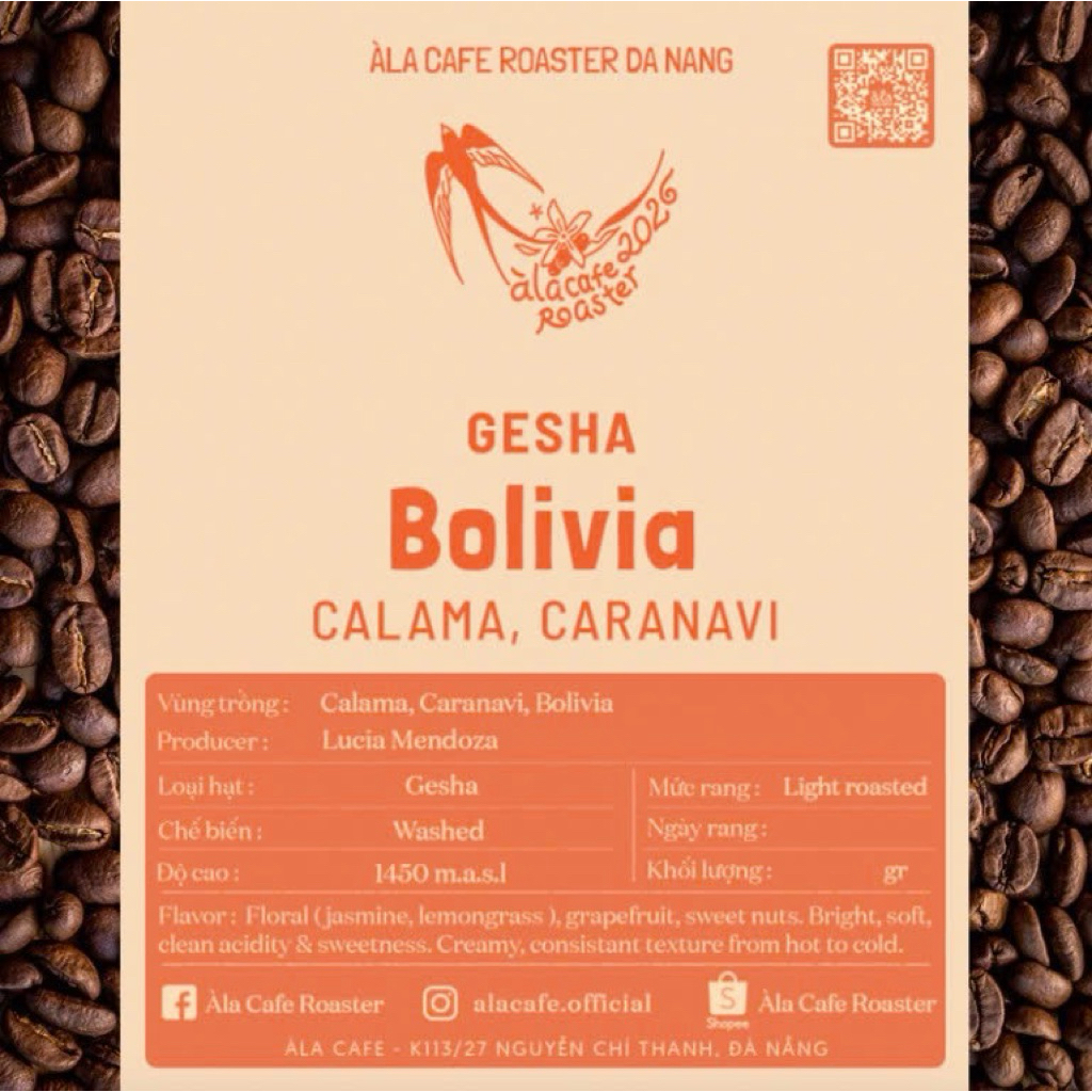 Cà phê Specialty Bolivia Gesha Washed rang light gói 200g nguyên hạt