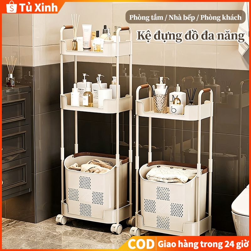 Kệ đựng đồ 3 tầng đa năng Rổ đựng quần áo 3 tầng có bánh xe nhựa-Phòng khách/ phòng tắm/ nhà bếp