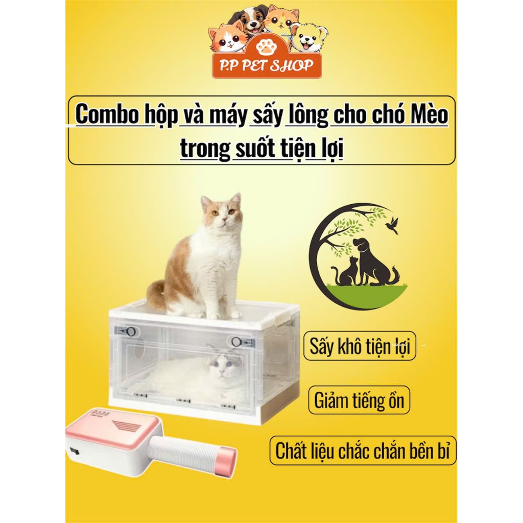 Combo hộp và máy sấy lông cho chó Mèo trong suốt tiện lợi, Máy sấy lông đa năng cho chó mèo -