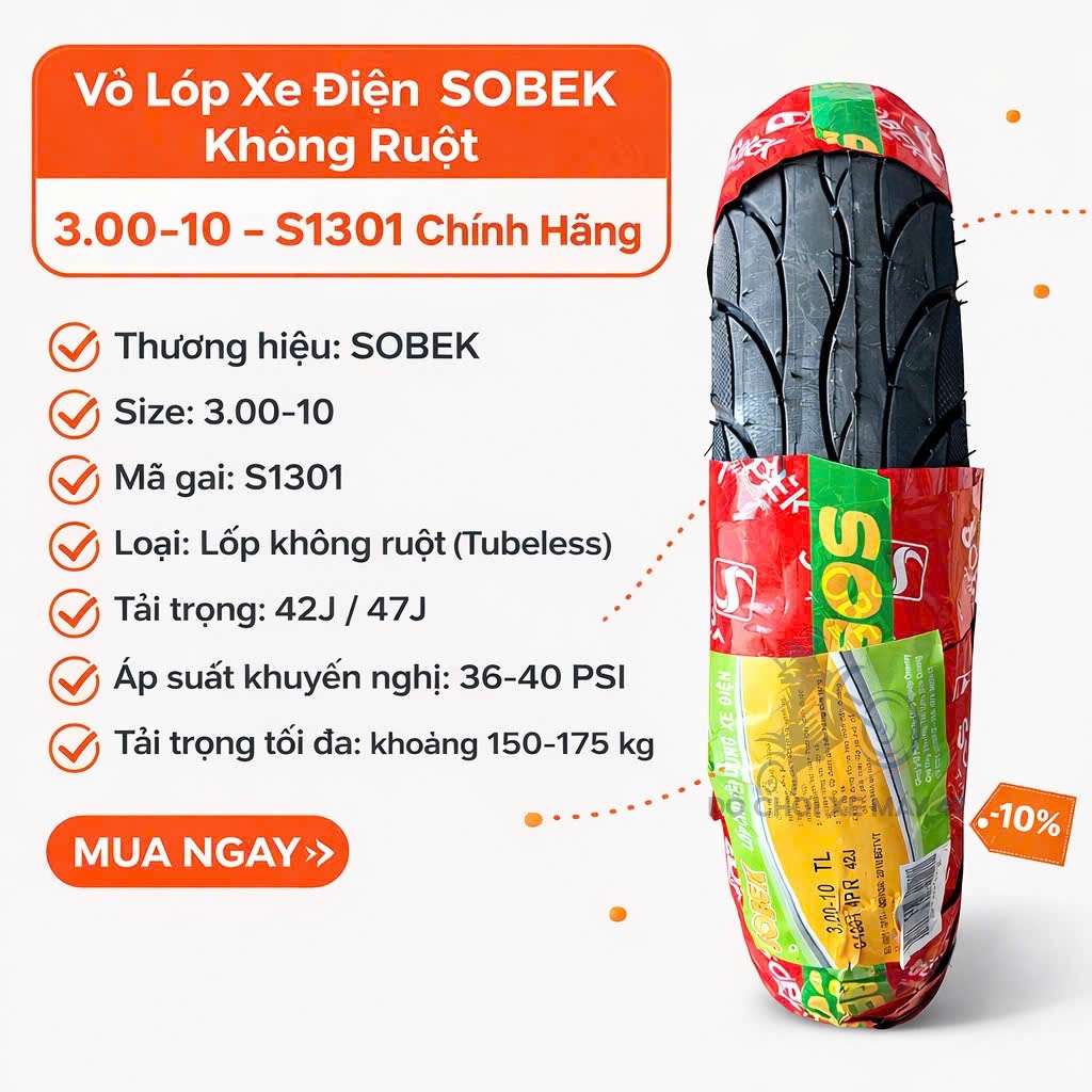 Vỏ Lốp xe điện Sobek không ruột 3.00-10 - S1301 Chính Hãng >>>>