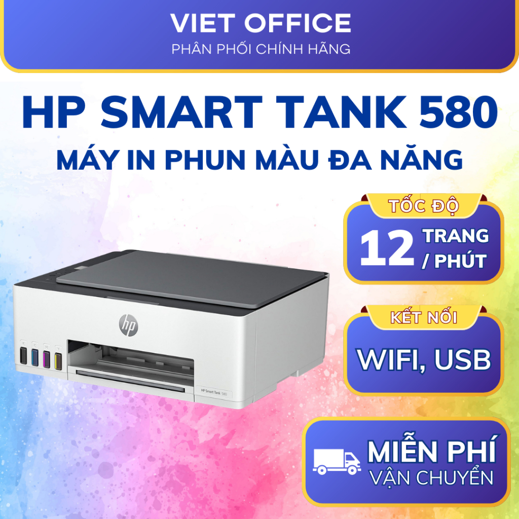 Máy in phun màu đa chức năng HP Smart Tank 580, In-Scan-Copy, phù hợp cho gia đình, doanh nghiệp