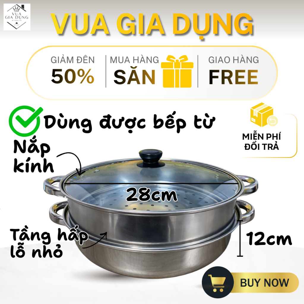 Nồi Hấp Inox 2 Tầng 28cm Nắp Kính Chịu Nhiệt Cao Cấp, Hấp Gà, Hấp Bánh Tiện Dụng