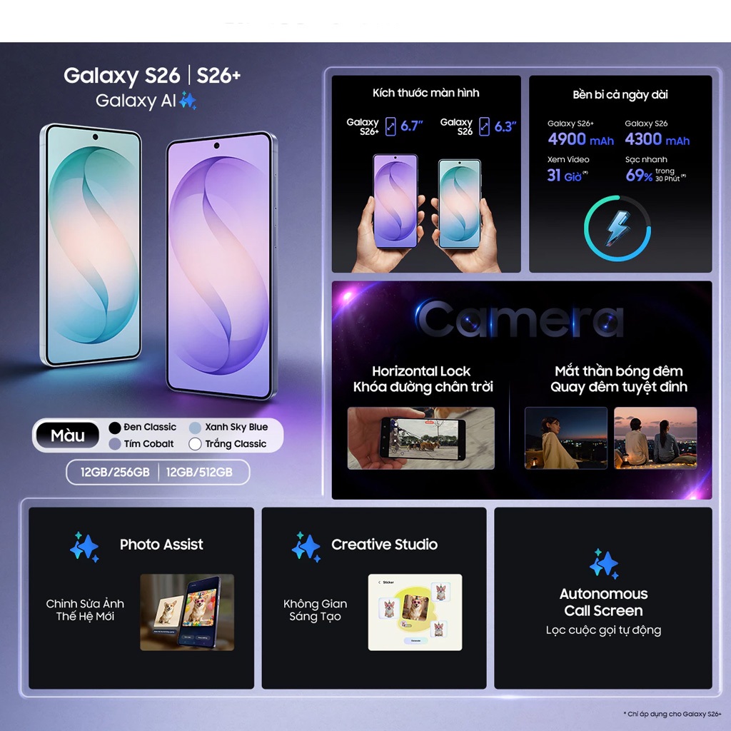 Điện thoại Samsung Galaxy S26 12GB + 256GB| Photo Assist| Creative Studio| 50MP Camera| Pin 4300mAh | BigBuy360 - bigbuy360.vn