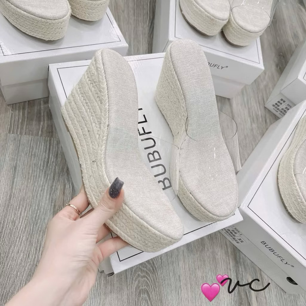 { KANG SHOP } Dép xuồng nữ đế cói cao gót siêu nhẹ chuẩn QC CC full box