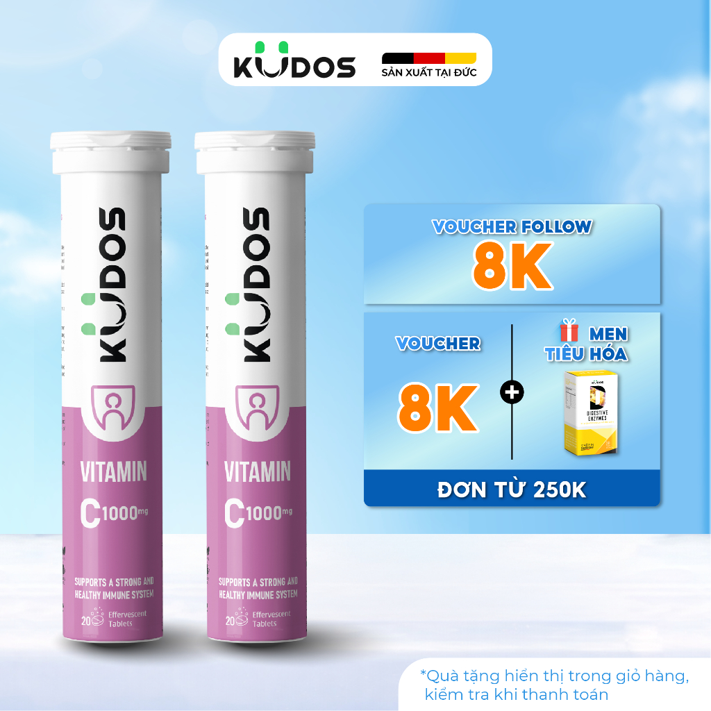 Combo 2 Tuýp Thực phẩm bảo vệ sức khỏe KUDOS VITAMIN C 1000 MG hương dưa hấu (20 viên/tuýp)