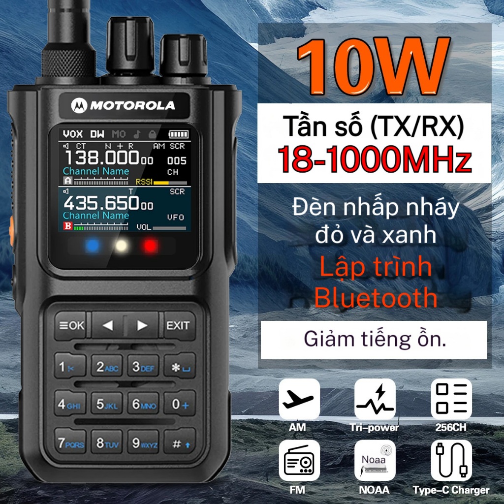 Motorola UVQ9PRO 2 Băng Tần UHF/VHF Đèn LED nhấp nháy type-c Sạc Gọi điện xa khi lái xe ngoài trời C