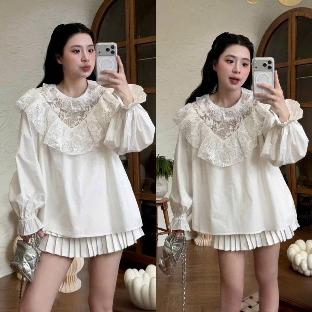 (Hàng Shop): Áo Sơ Mi Thô Trắng Cổ Tròn Thiết Kế Ren Vát Dáng BBD Dễ Mặc Màu Cực Xinh Sáng Da-Ảnh Th