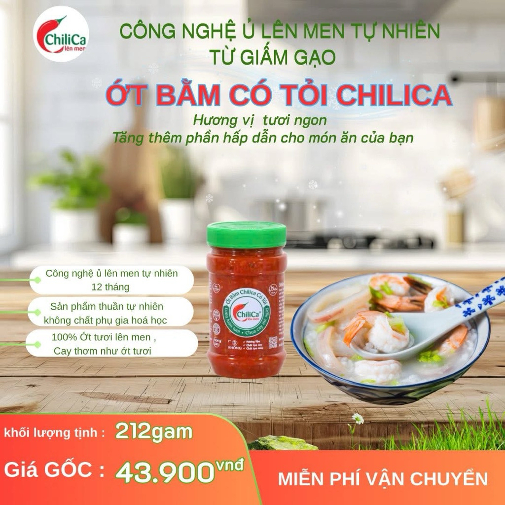 Ớt bằm Có tỏi 212gam Lên men tự nhiên không gia nhiệt cay thơm ngon từ ớt tươi