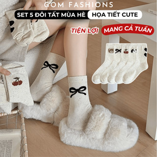 [TẤT MÙA HÈ] Set 5 đôi tất cổ trung nữ họa tiết nơ cute GOMTAT, vớ mùa hè chất cotton mềm mịn, thoáng khí – JIN-2517-CB5