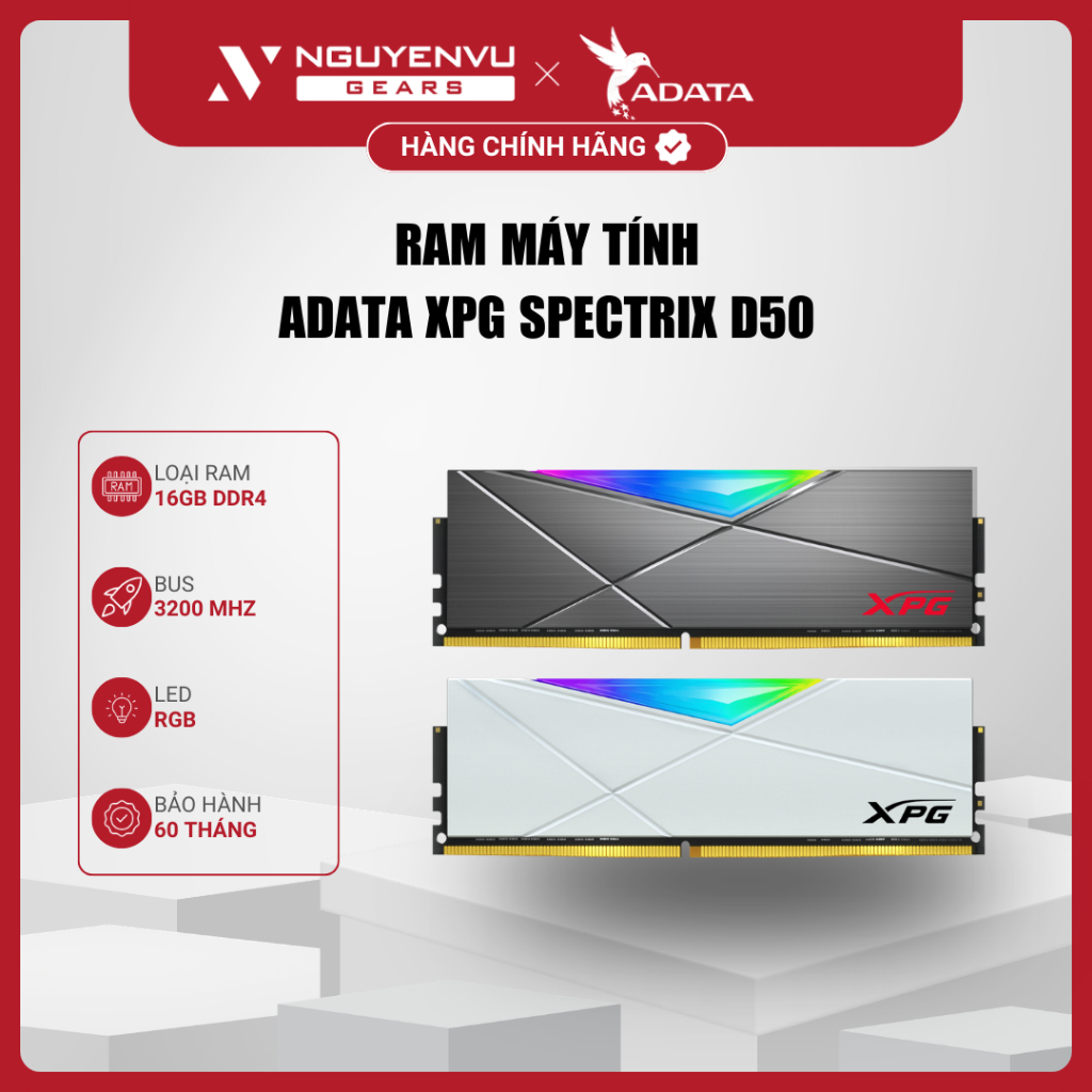 RAM Desktop ADATA XPG Spectrix D50 16GB (1×16GB) DDR4 3200MHz RGB - Bảo Hành 60 Tháng