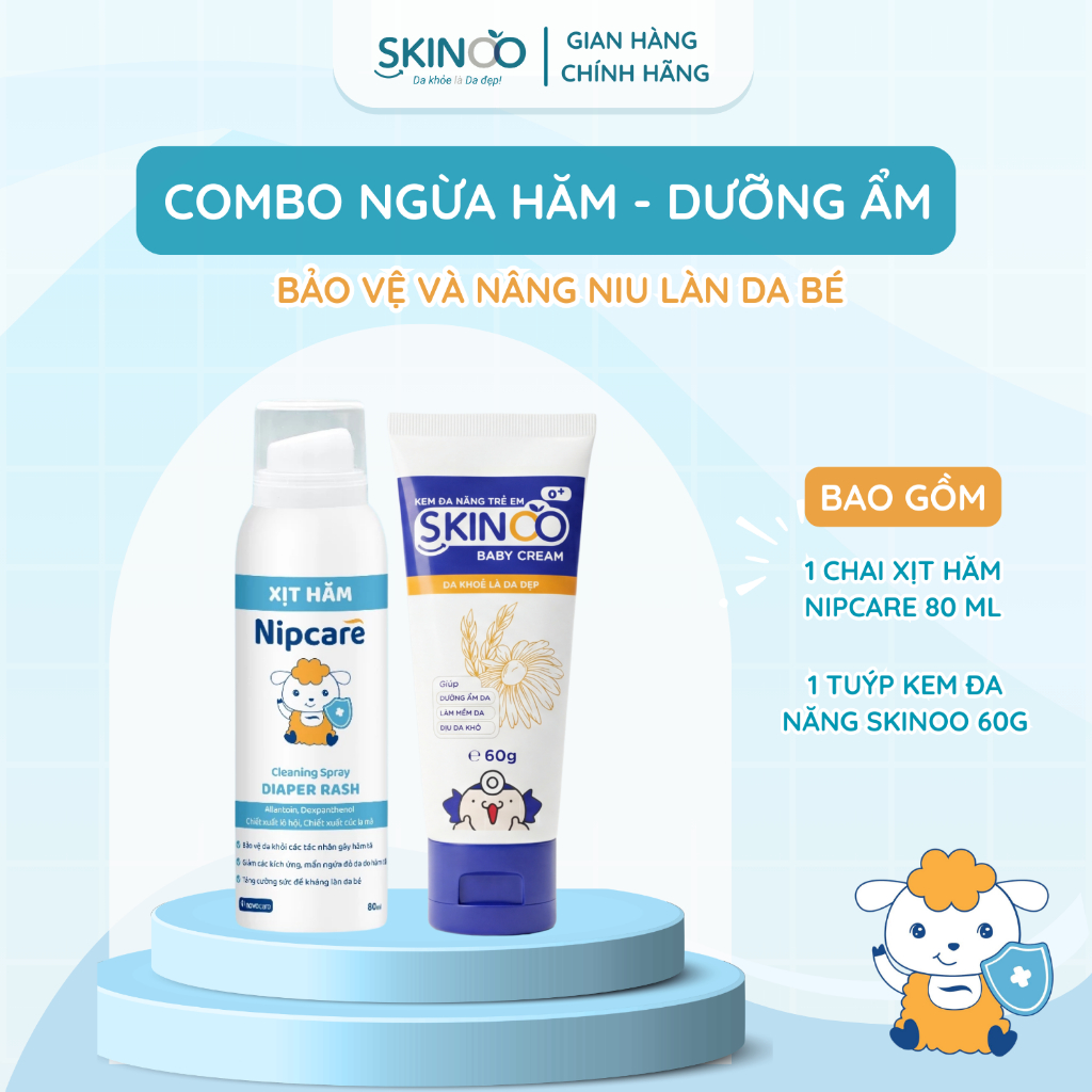 Combo xịt hăm Nipcare & kem dưỡng ẩm đa năng Skinoo, chăm sóc da bé hàng ngày