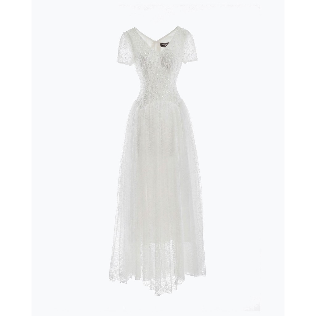 LOVELYN Váy Dạ Hội Dáng Dài Cristal – Đính Kết Lấp Lánh, Cổ Tim Tay Ngắn, Lưới Tulle Trắng